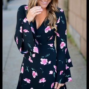 Bell sleeve black dress with pink flowers